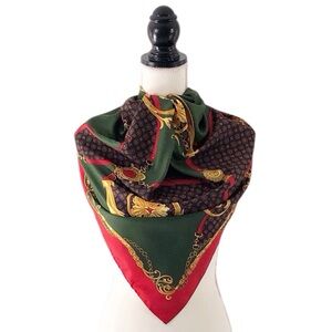 Vintage Women’s Red, Green, Navy & Gold Horsebit Pattern Scarf - 30” Square